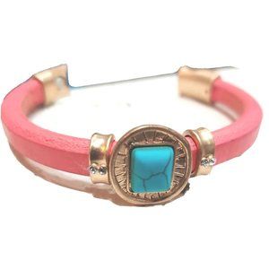 Pink Leather Bracelet with Turquoise Stone Accent